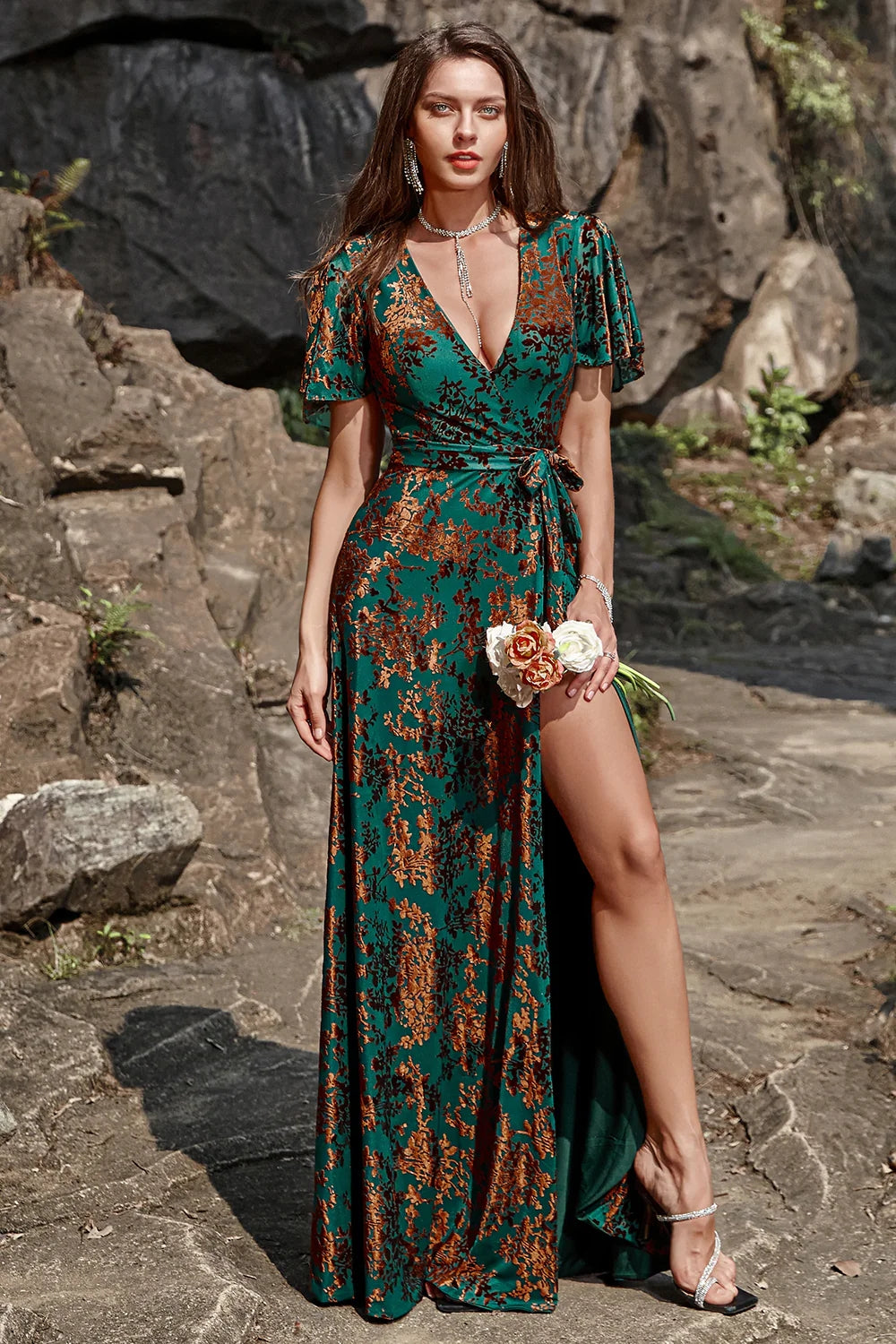 Leely Women Burnout Velvet Dark Green Mother of Bride Dress V-neck Bridesmaid Dress