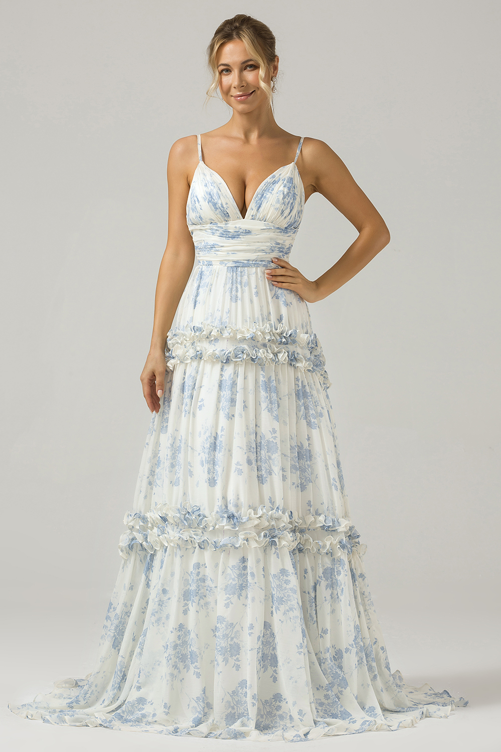 Grey Green A Line Backless Tulle Pleated Spaghetti Straps Long Bridesmaid Dress