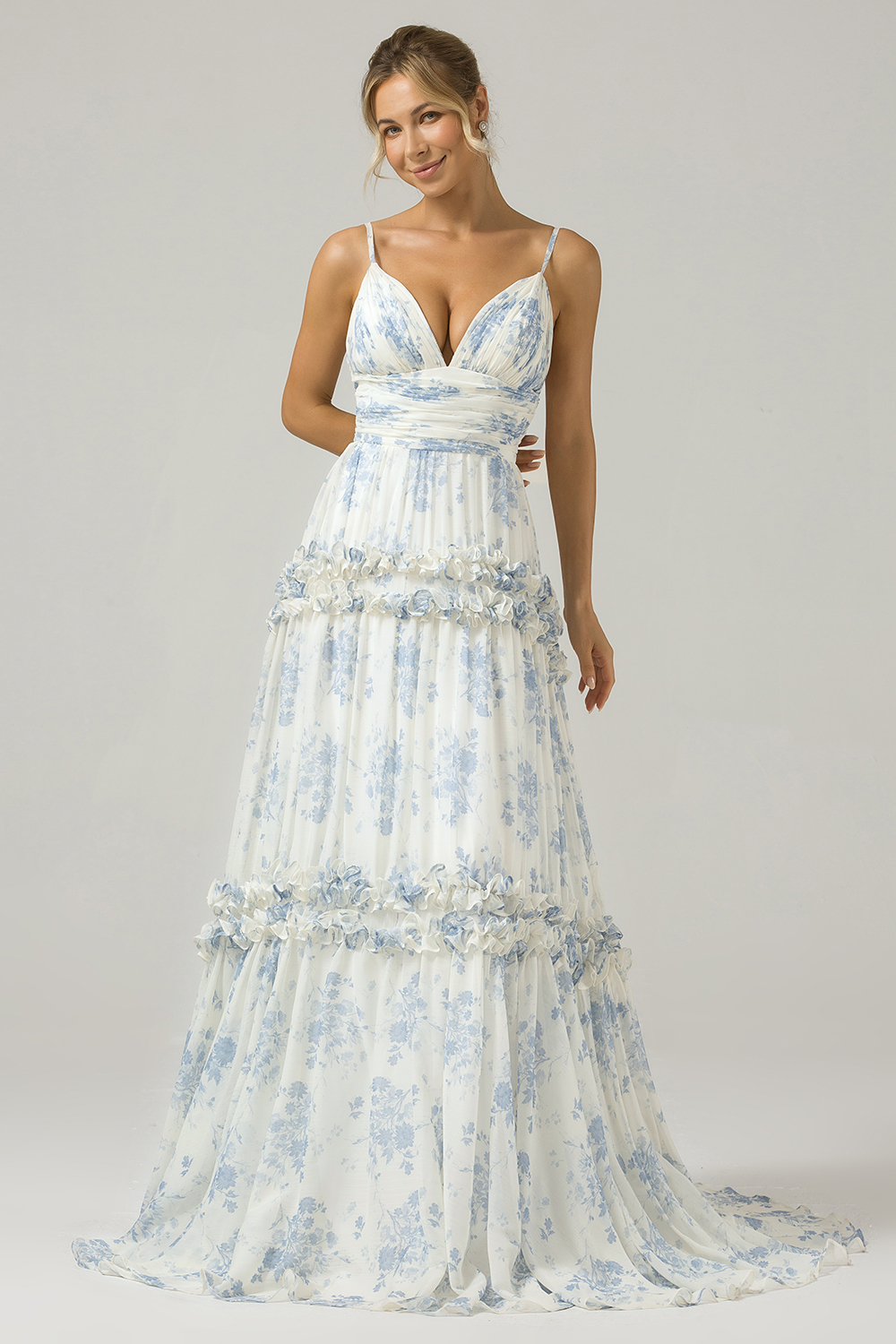Grey Green A Line Backless Tulle Pleated Spaghetti Straps Long Bridesmaid Dress