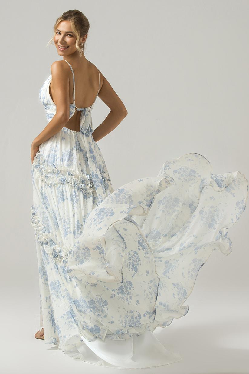 Women's Blue Lace Flower Mirror Backless Wedding Bride Bridal Gown Dinner Party Stage Host Dress