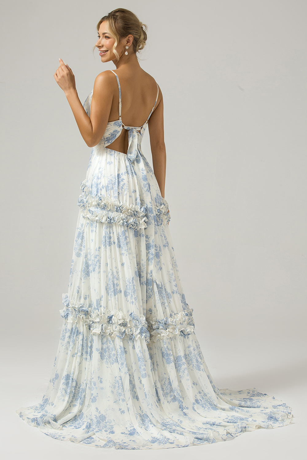 Grey Green A Line Backless Tulle Pleated Spaghetti Straps Long Bridesmaid Dress