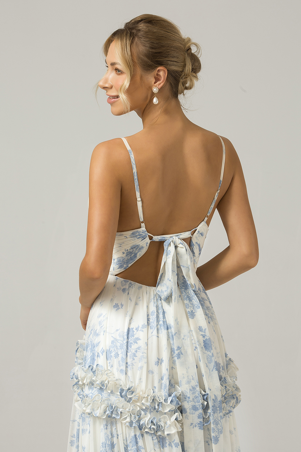 Grey Green A Line Backless Tulle Pleated Spaghetti Straps Long Bridesmaid Dress