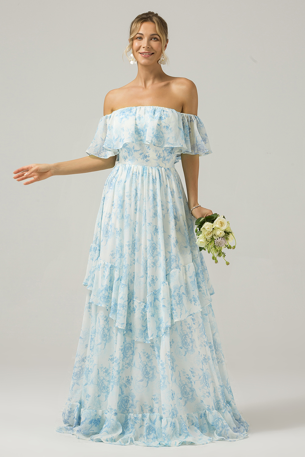 Leely Women White Blue Flower A Line Bridesmaid Dress Pleated Convertible Floral Wedding Guest Dress