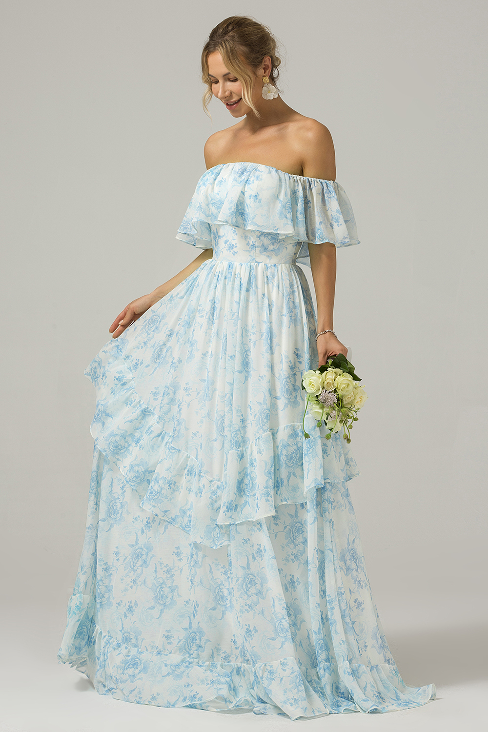 White Blue Flower A Line Pleated Convertible Floral Bridesmaid Dress