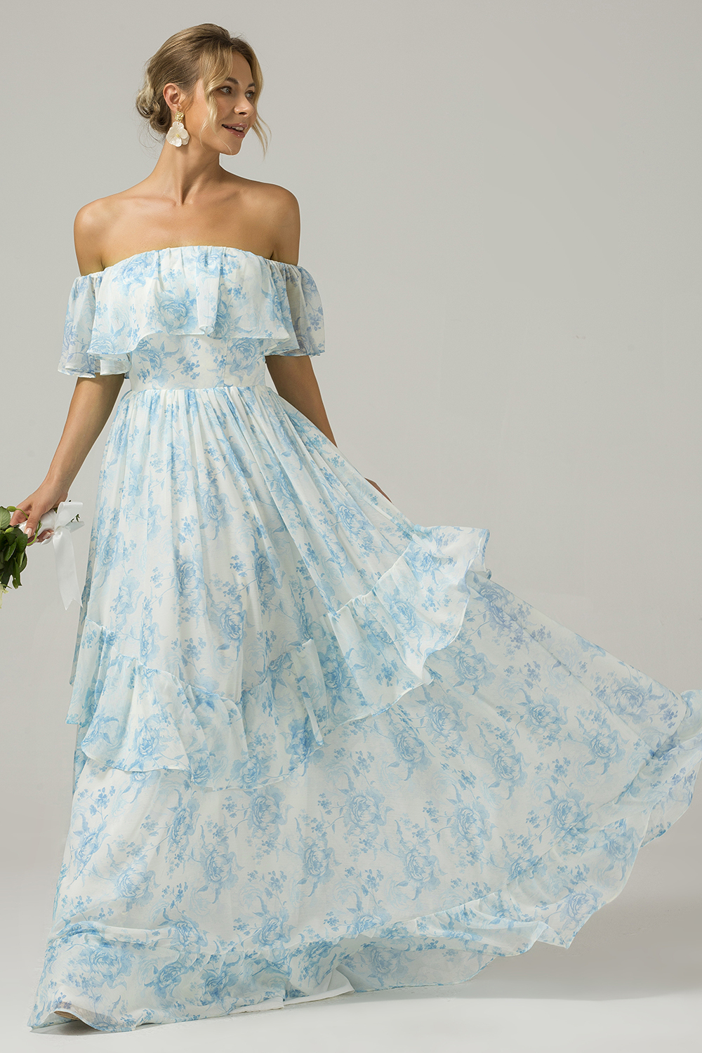 White Blue Flower A Line Pleated Convertible Floral Bridesmaid Dress