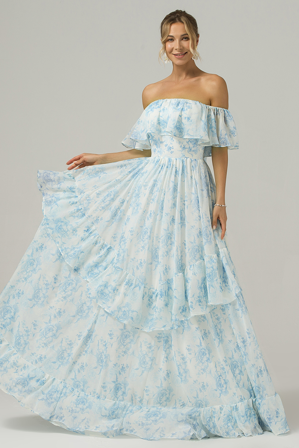 White Blue Flower A Line Pleated Convertible Floral Bridesmaid Dress