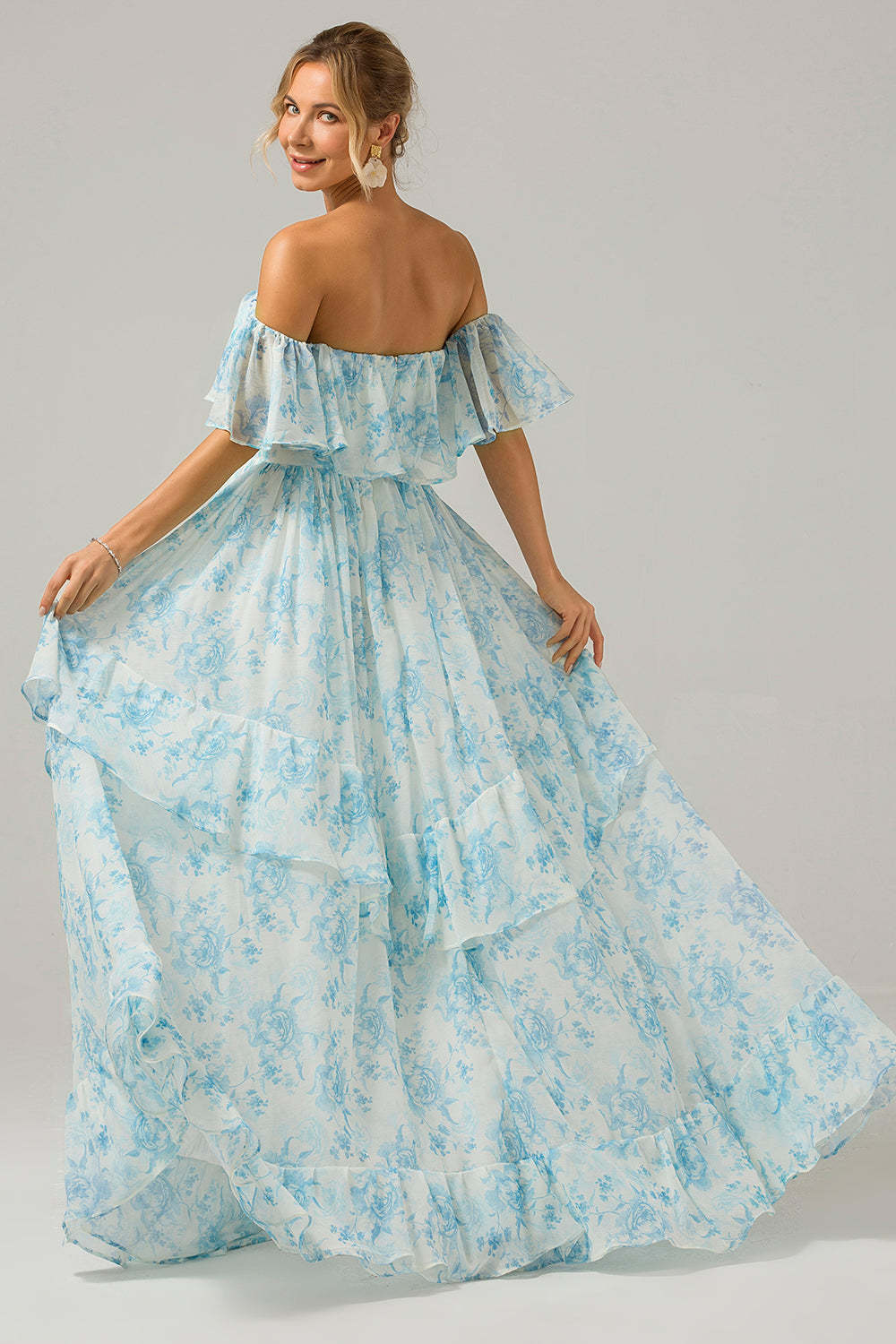 Off the Shoulder White Blue Ruffles Floral A Line Maxi Bridesmaid Dress