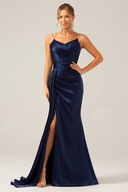 Navy Mermaid Spaghetti Straps Lace-up Back Prom Dress with Slit