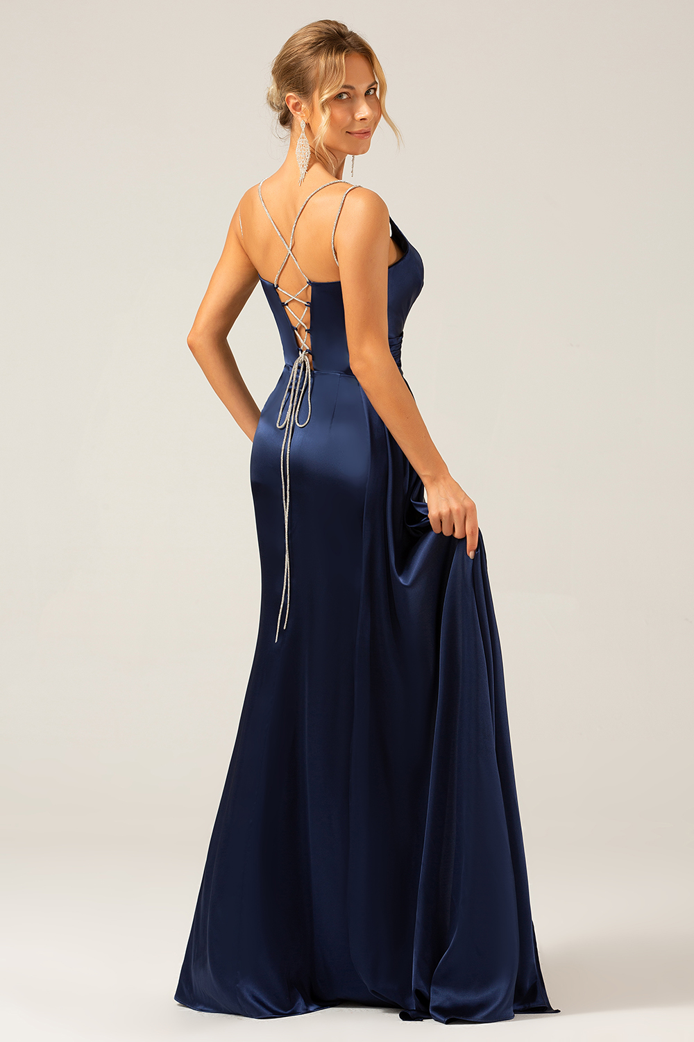 Navy Mermaid Spaghetti Straps Lace-up Back Prom Dress with Slit