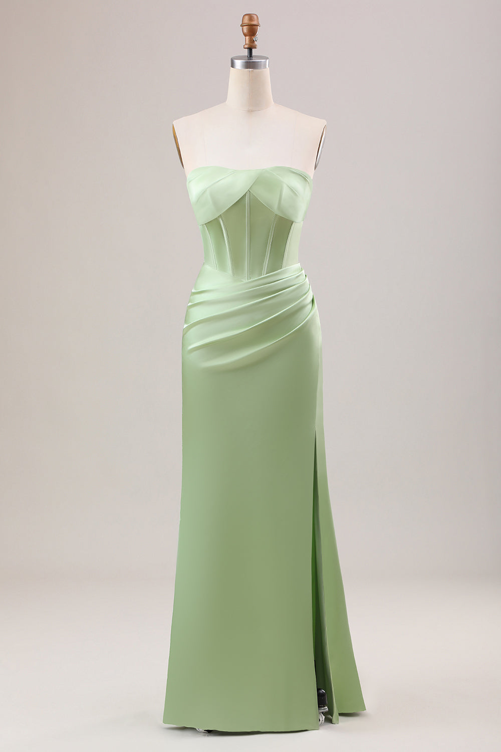 Green Strapless Corset Satin Bridesmaid Dress with Slit