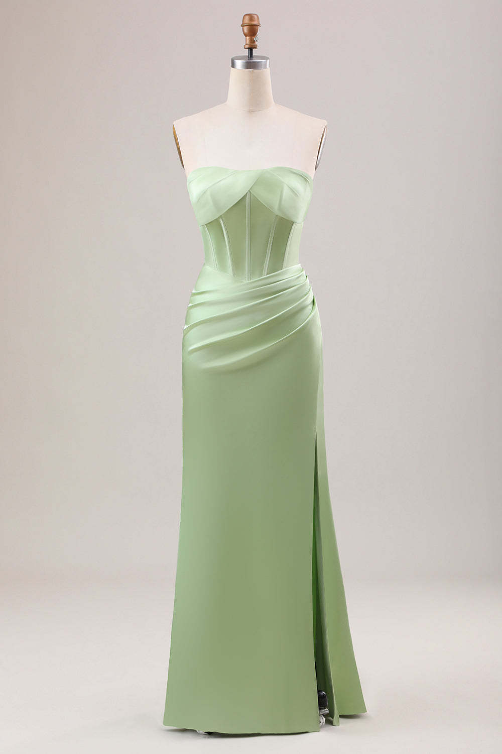 Green Strapless Corset Satin Bridesmaid Dress with Slit