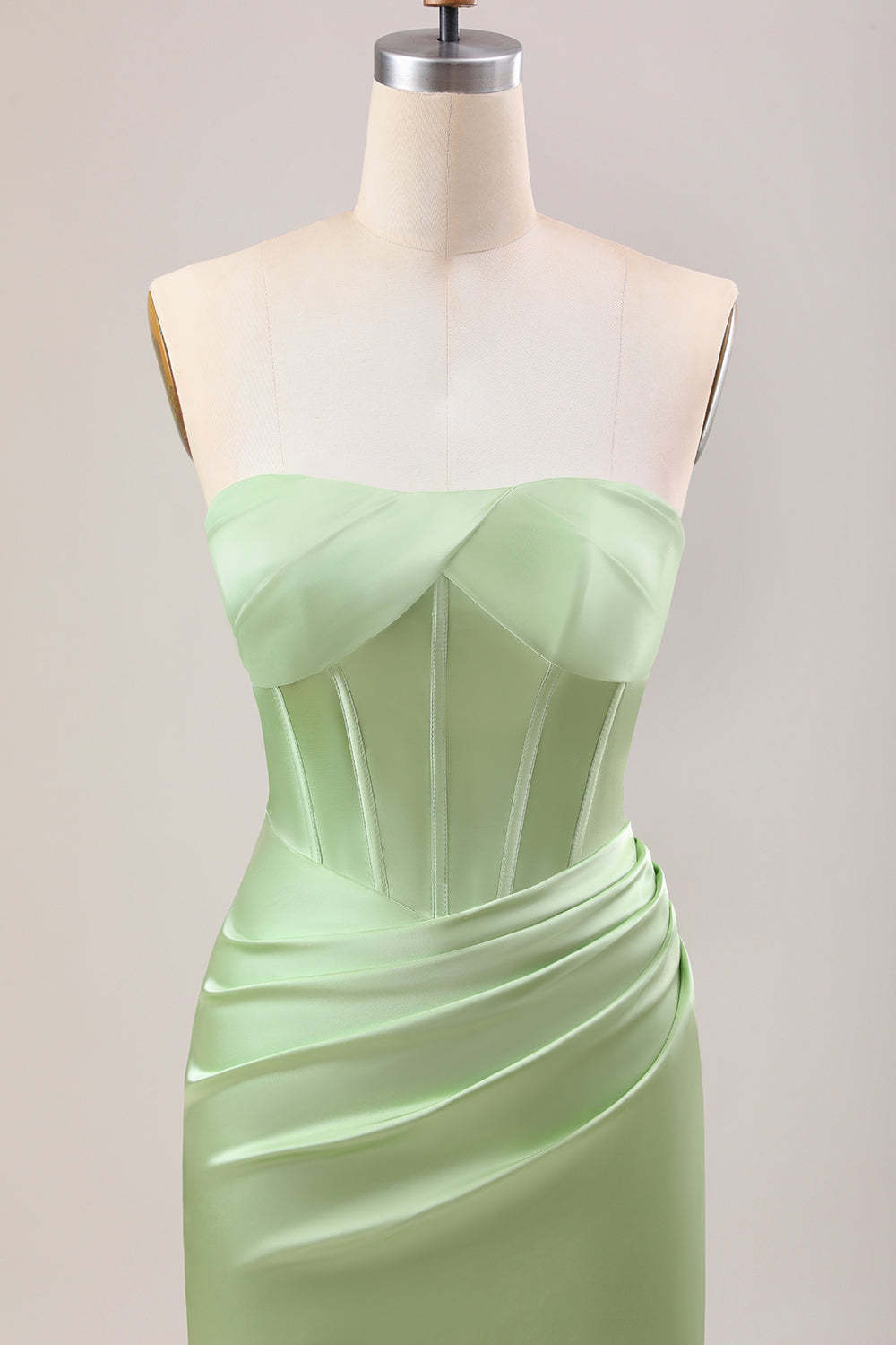Green Strapless Corset Satin Bridesmaid Dress with Slit