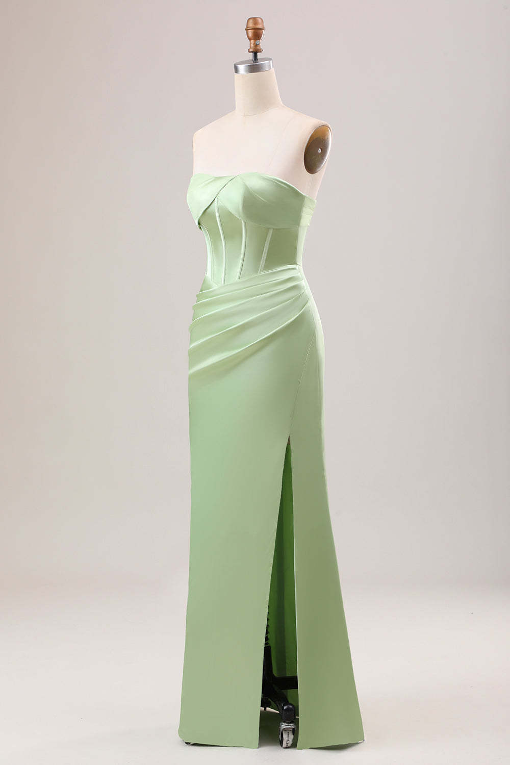 Green Strapless Corset Satin Bridesmaid Dress with Slit