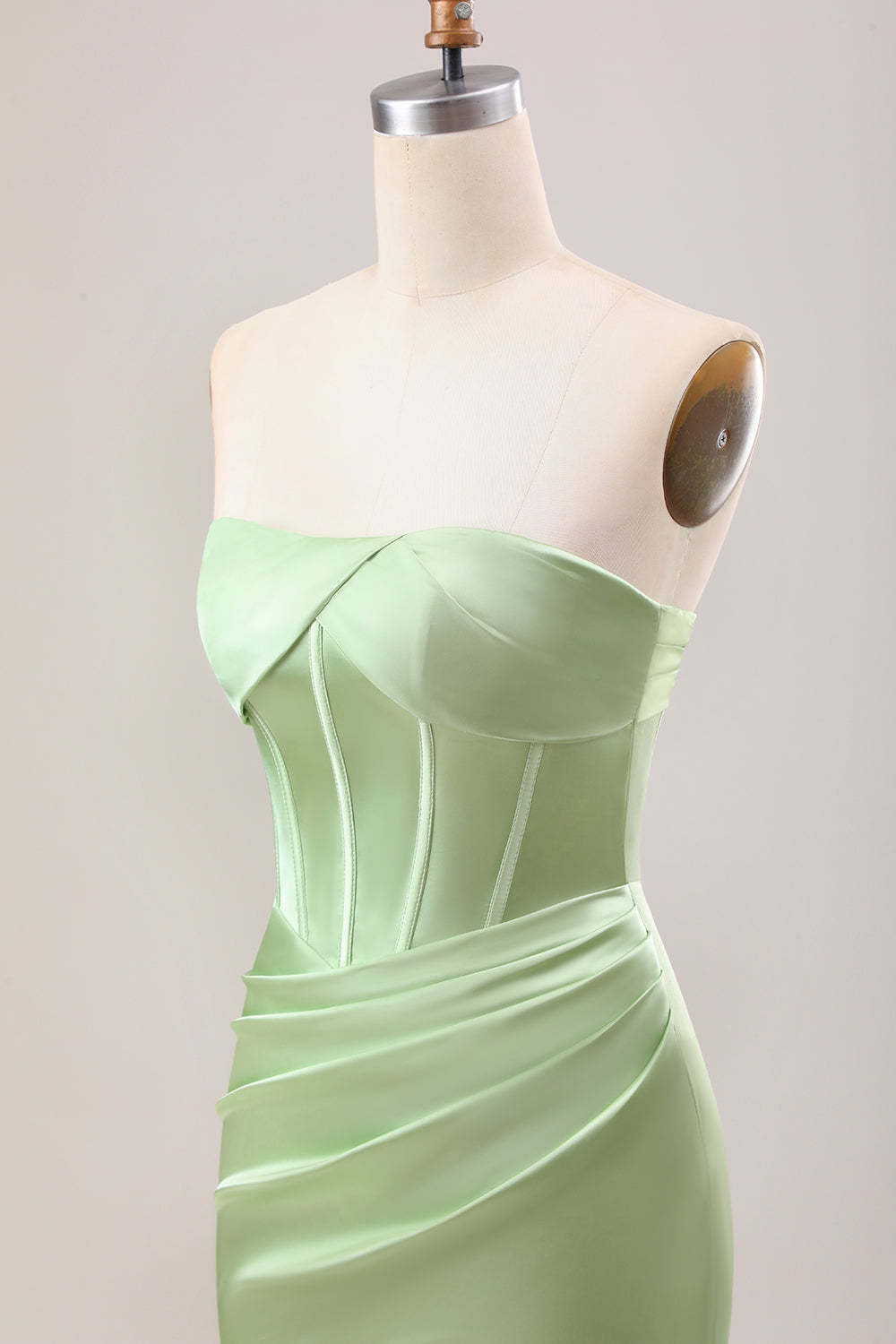 Green Strapless Corset Satin Bridesmaid Dress with Slit