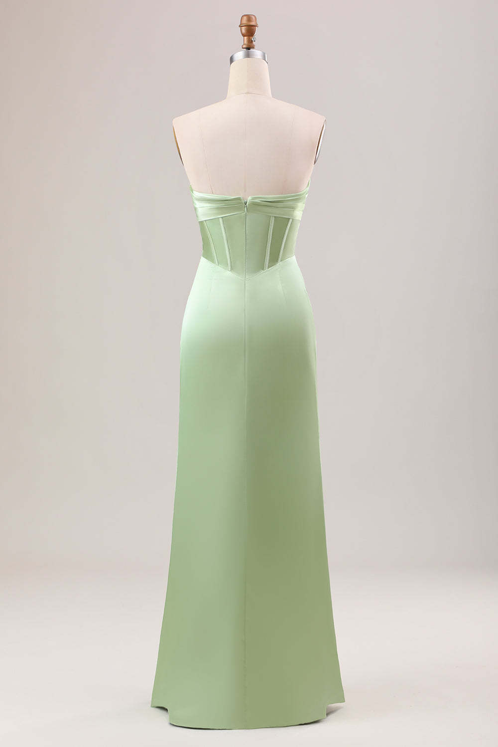 Green Strapless Corset Satin Bridesmaid Dress with Slit