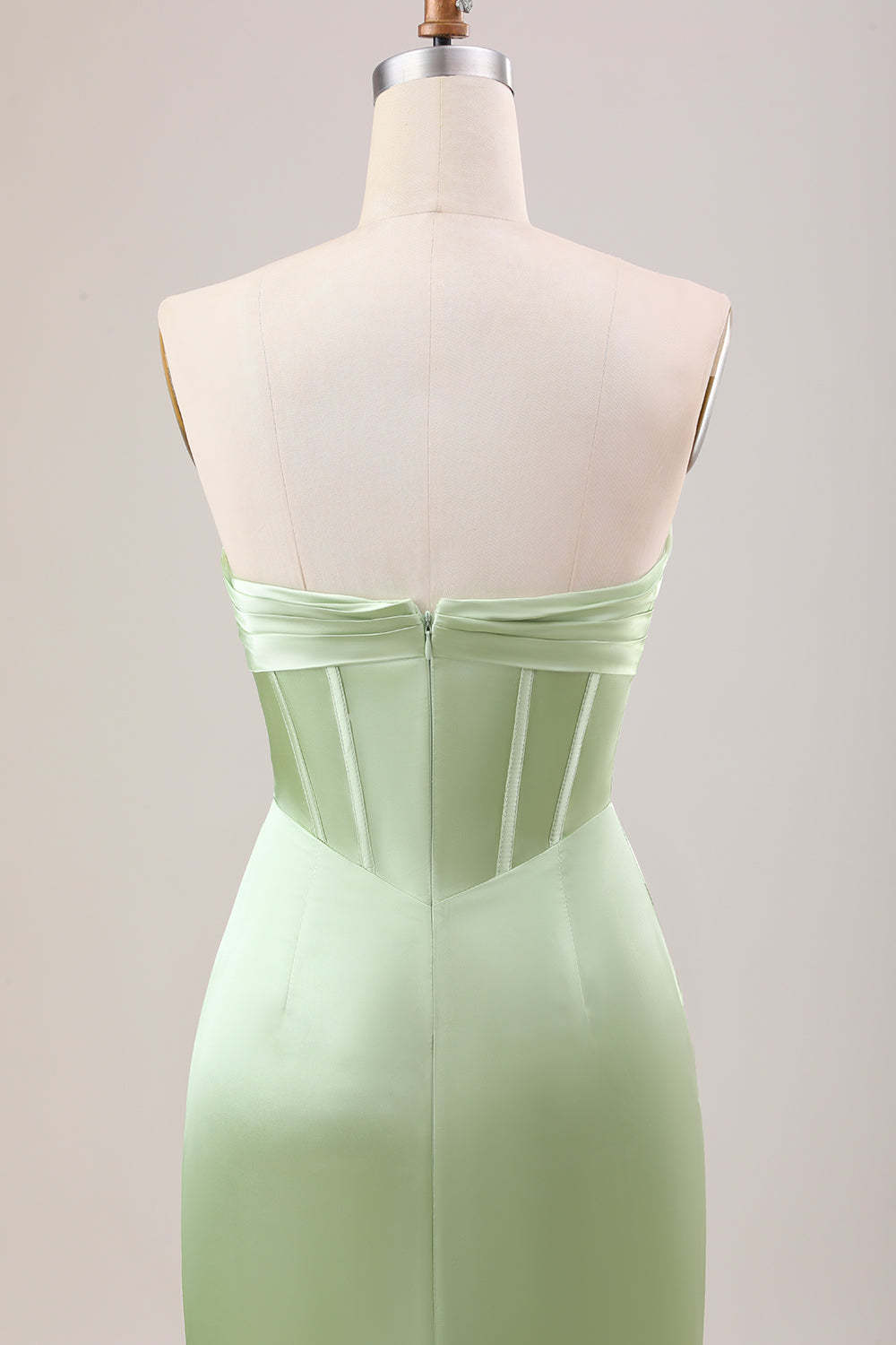 Green Strapless Corset Satin Bridesmaid Dress with Slit