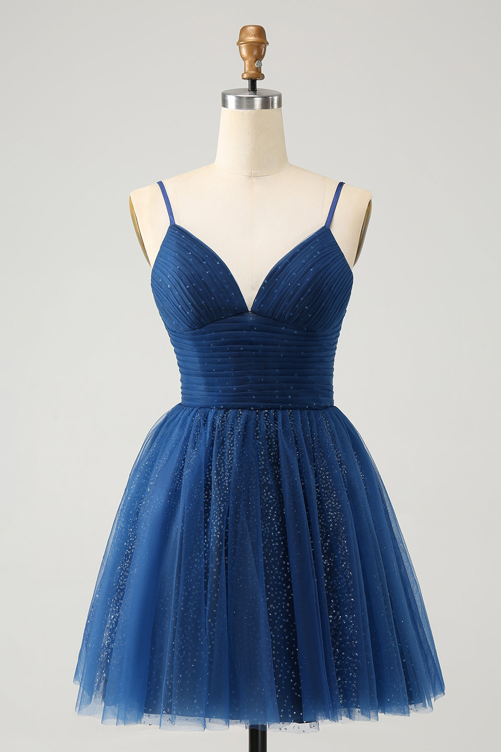 Navy A Line Spaghetti Straps Tulle Lace Up Back Homecoming Dress