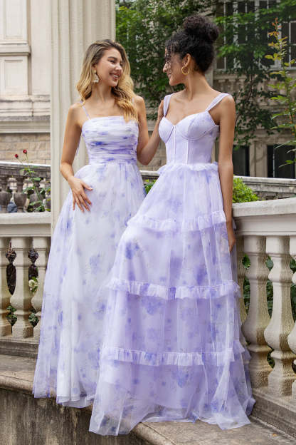 Leely Women Lavender Floral Print A-line Long Bridesmaid Dress with Slit Spaghetti Straps Pleated Long Formal Dress