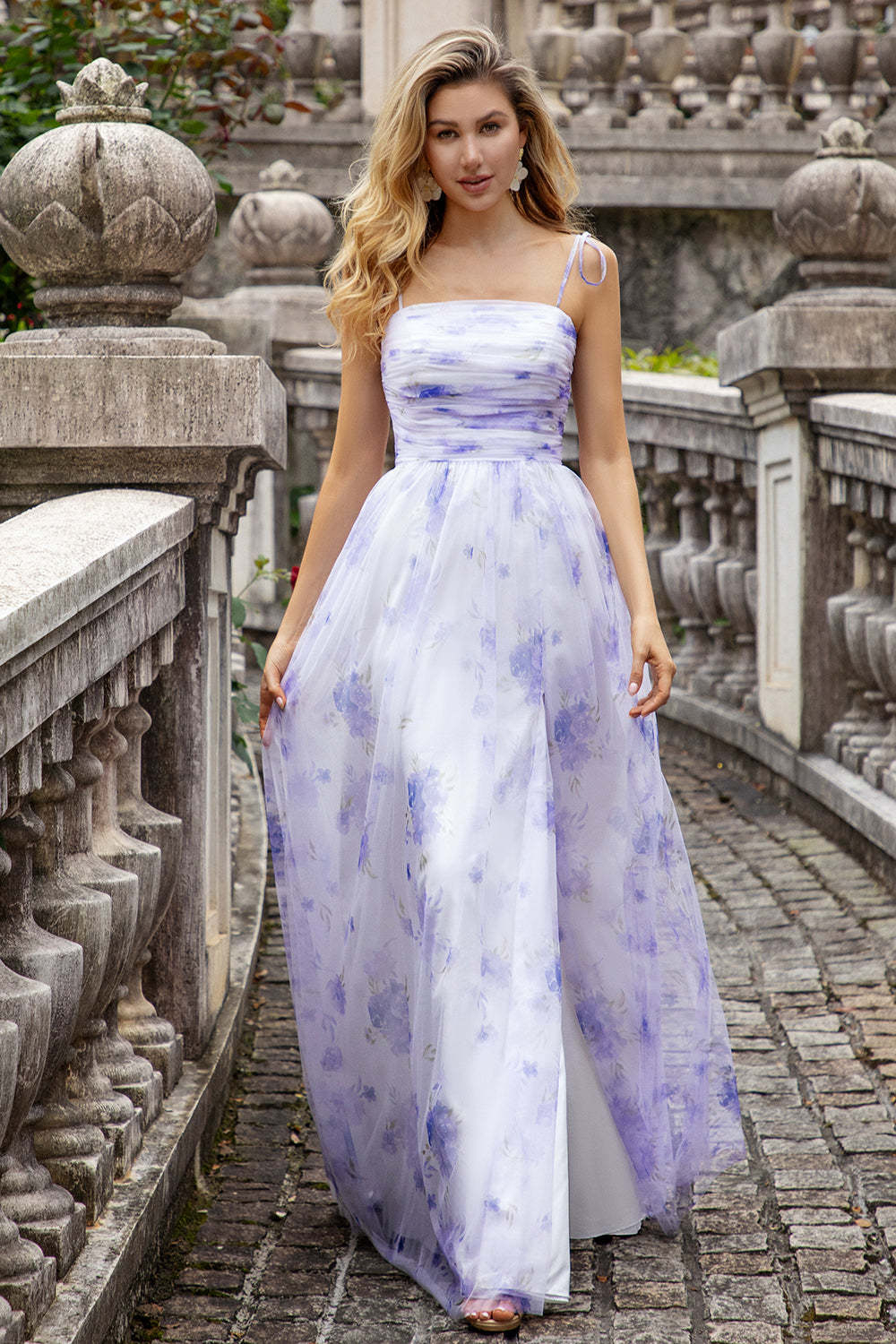 Lavender Spaghetti Straps Pleated A Line Floral Bridesmaid Dress with Slit