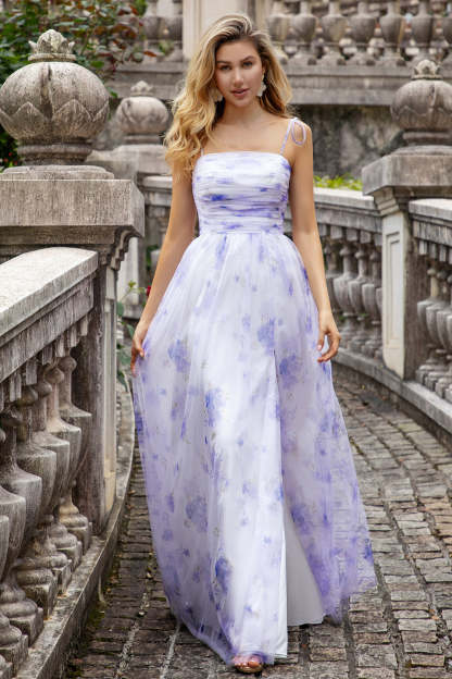 Lavender Spaghetti Straps Pleated A Line Floral Bridesmaid Dress with Slit