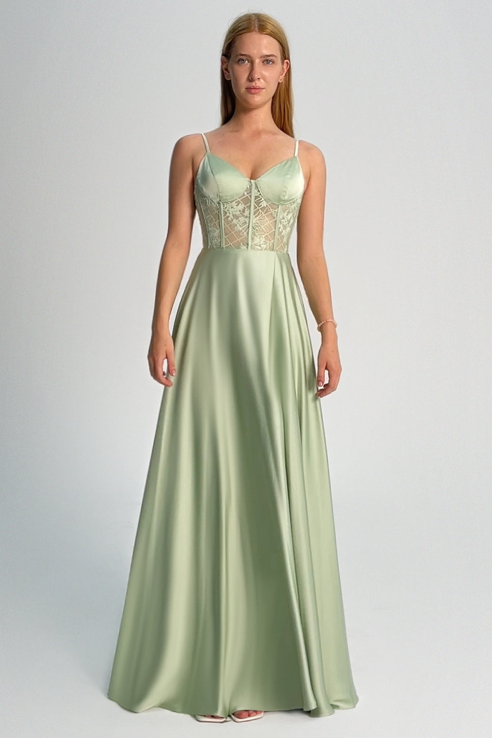 Pink Spaghetti Straps Corset A-Line Satin Bridesmaid Dress with Slit