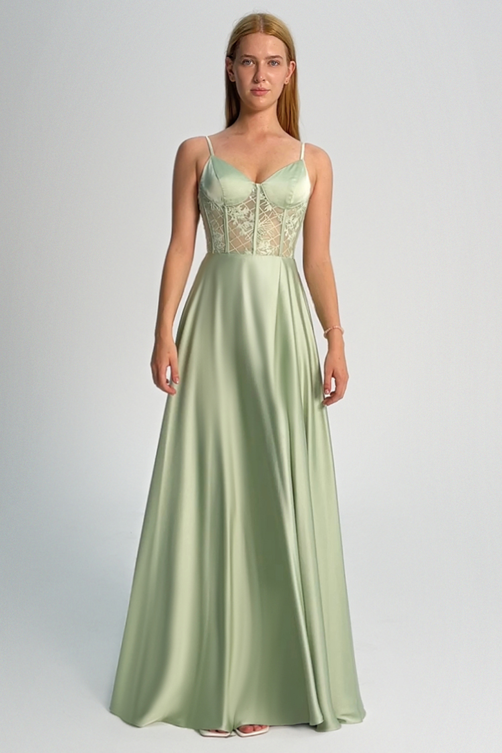 Green Spaghetti Straps A-Line Bridesmaid Dress with Slit