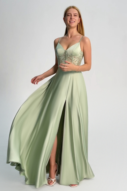 Green Spaghetti Straps A-Line Bridesmaid Dress with Slit