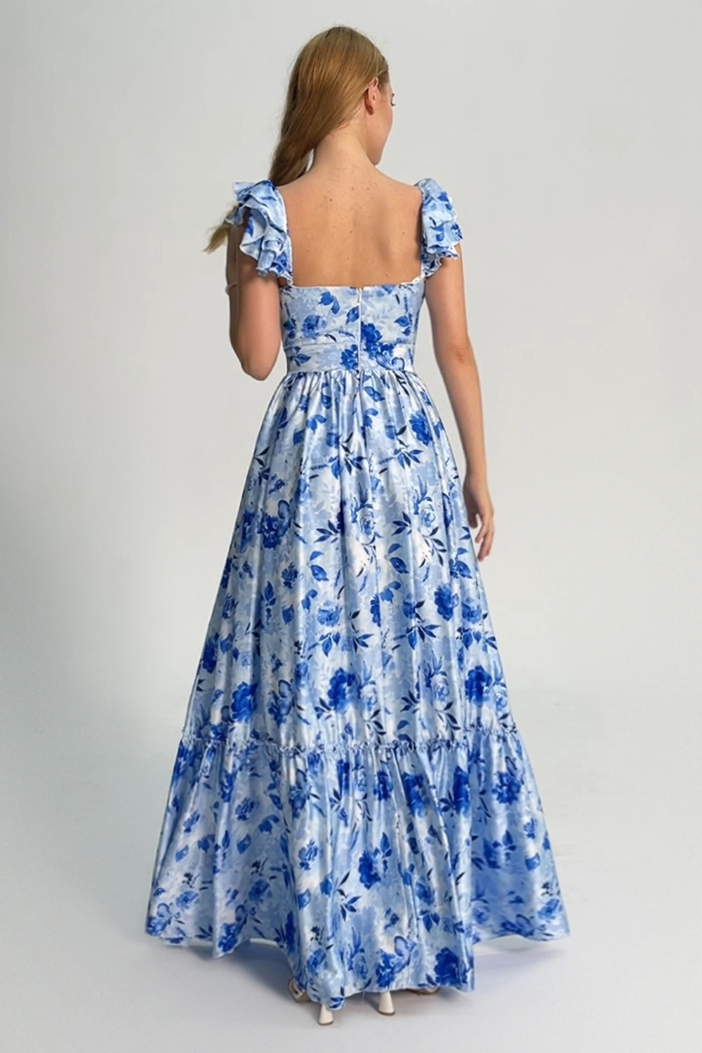 Blue Off the Shoulder A-Line Floral Bridesmaid Dress