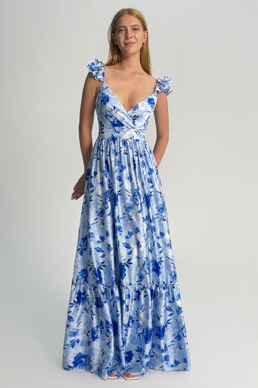 Blue Off the Shoulder A-Line Floral Bridesmaid Dress
