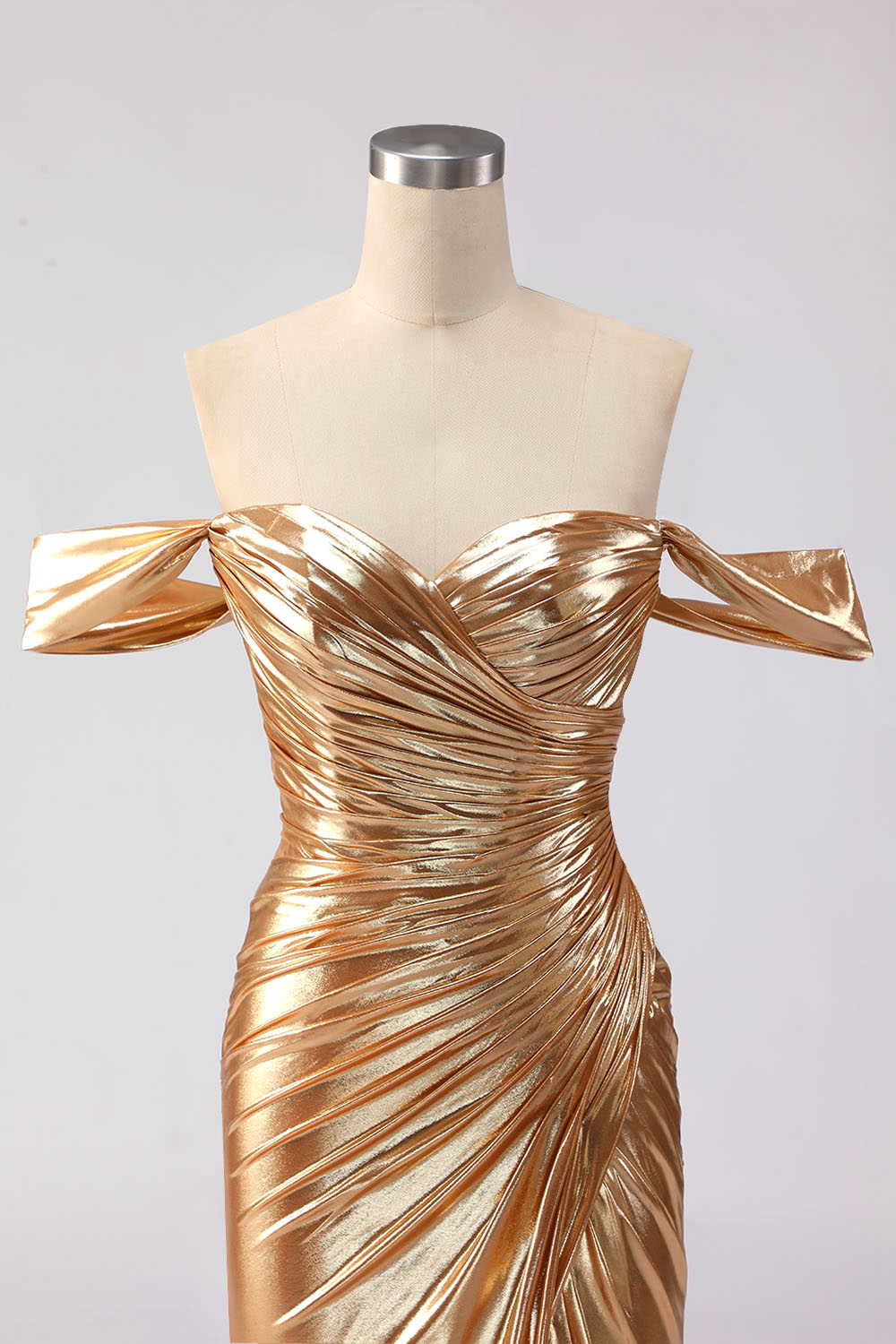 Metallic Golden Ruched Off the Shoulder Maxi Gala Dress with Slit
