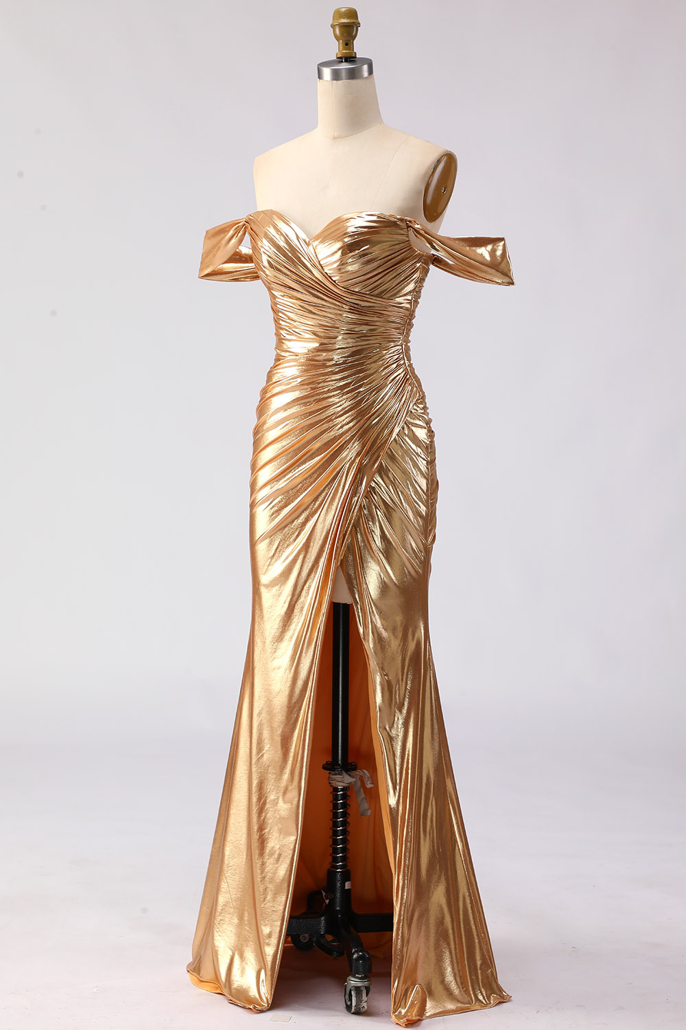 Metallic Golden Ruched Off the Shoulder Maxi Gala Dress with Slit