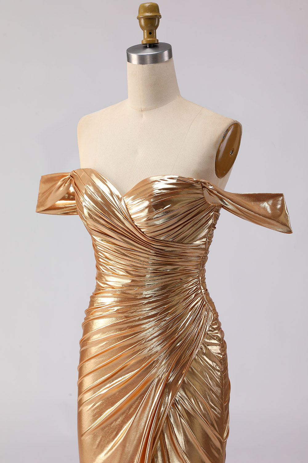 Metallic Golden Ruched Off the Shoulder Maxi Gala Dress with Slit