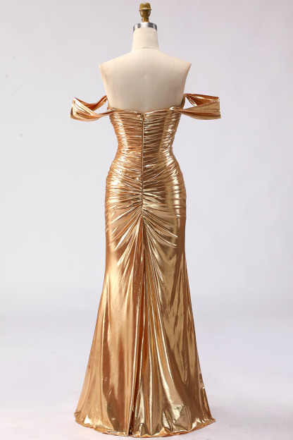 Sparkly Brown Off the Shoulder Sequin Maxi Gala Dress with Slit