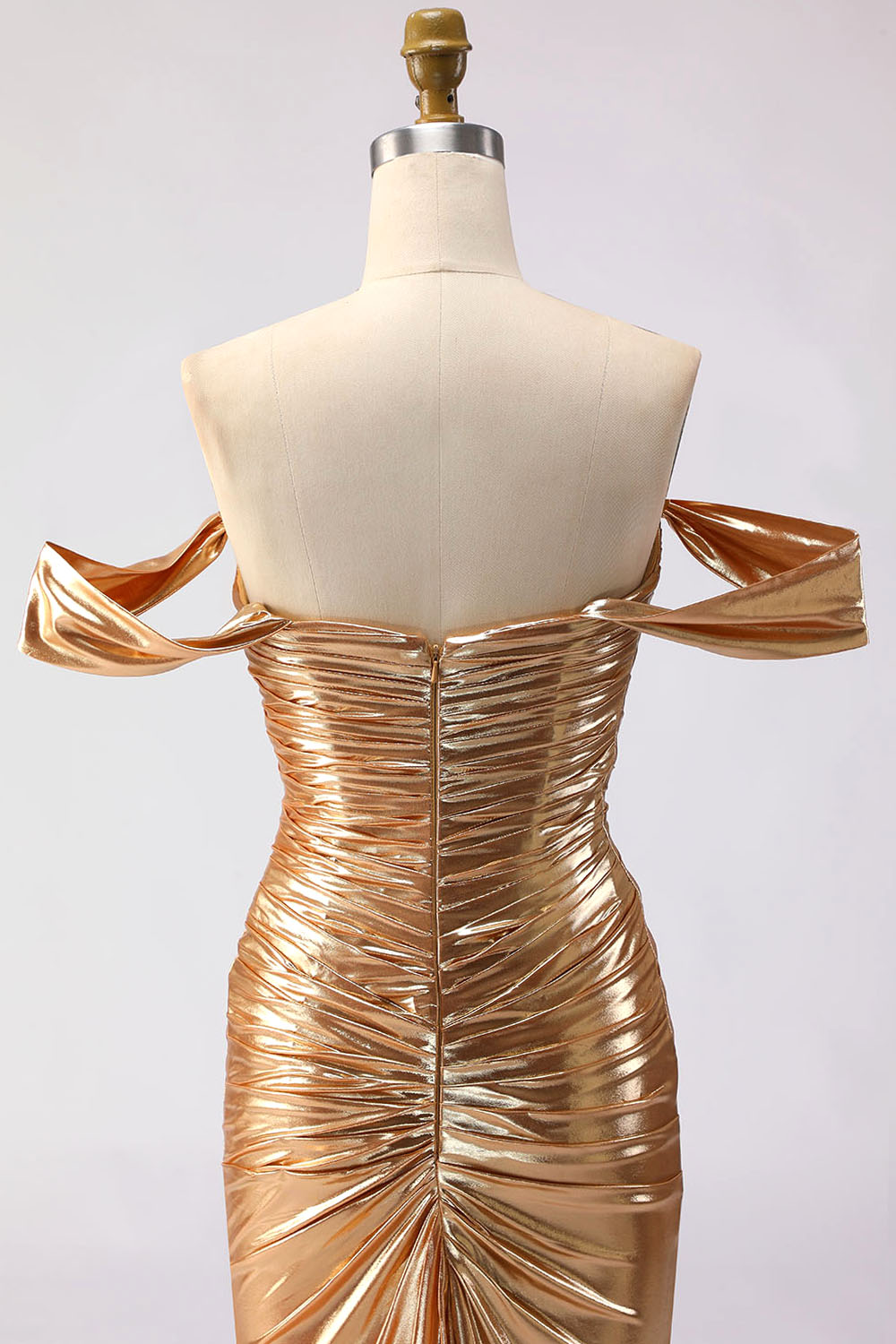 Metallic Golden Ruched Off the Shoulder Maxi Gala Dress with Slit