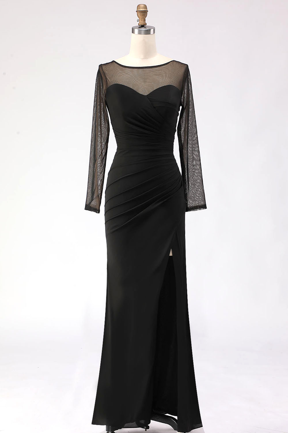 Black Maxi Mermaid Illusion Neck Ruched Formal Dress with Silt