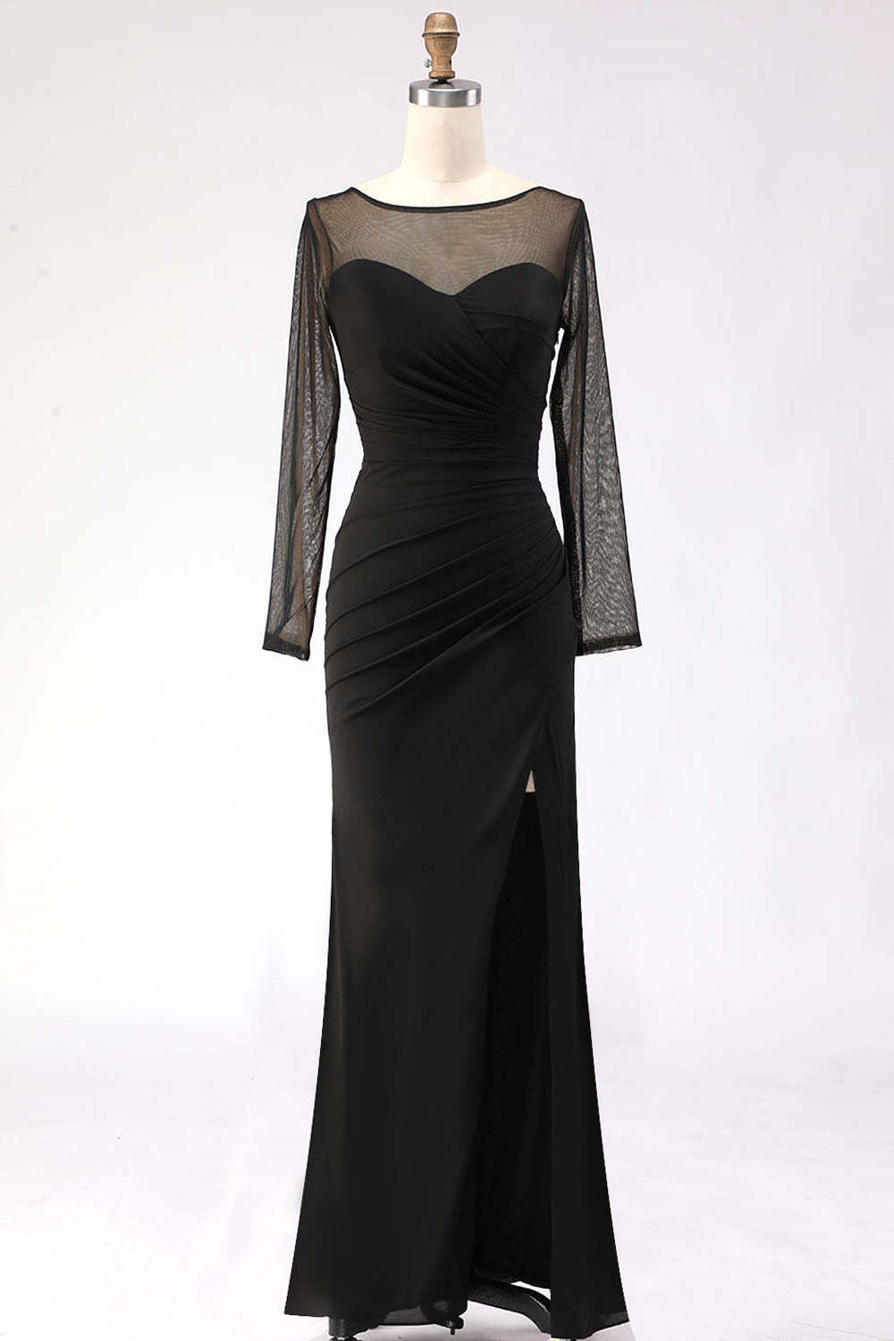 Plus Size Black Mermaid Ruched Illusion Neck Maxi Formal Dress with Silt