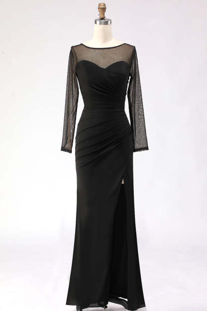 Plus Size Black Mermaid Ruched Illusion Neck Maxi Formal Dress with Silt
