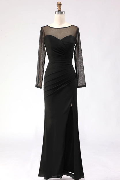 Cabernet Ruched Mermaid Illusion Neck Long Formal Dress with Silt