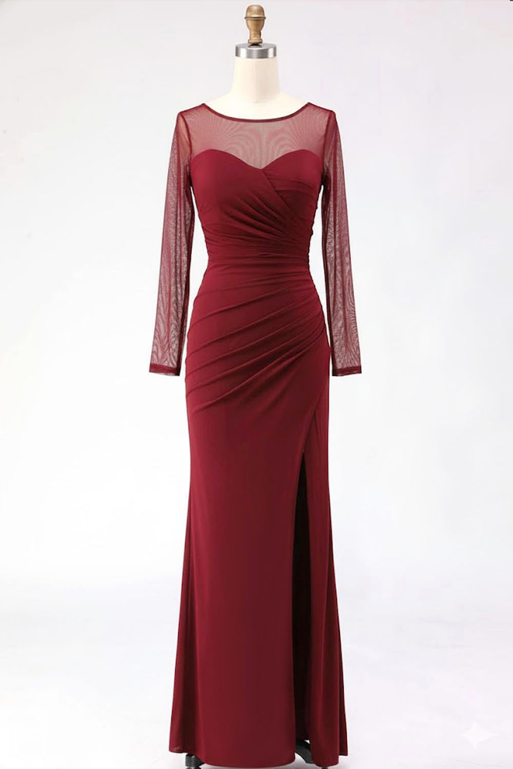Cabernet Ruched Mermaid Illusion Neck Long Formal Dress with Silt