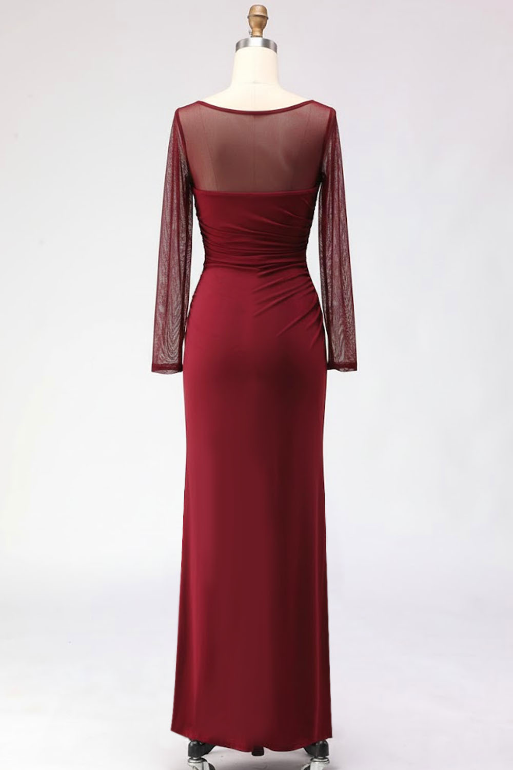 Cabernet Ruched Mermaid Illusion Neck Long Formal Dress with Silt
