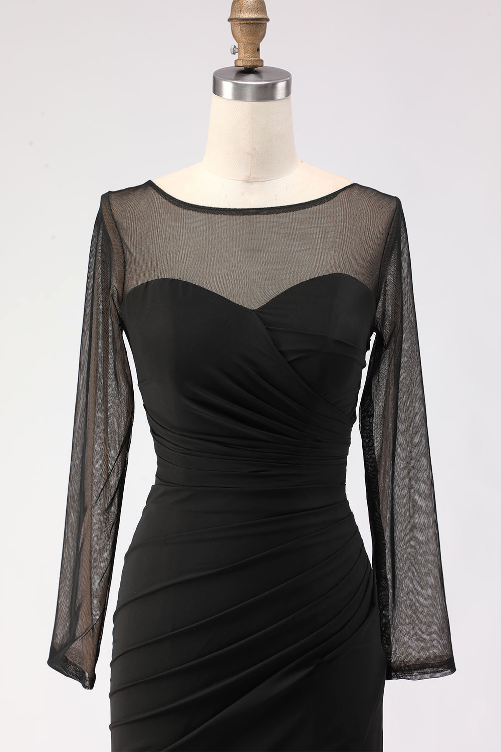 Black Maxi Mermaid Illusion Neck Ruched Formal Dress with Silt