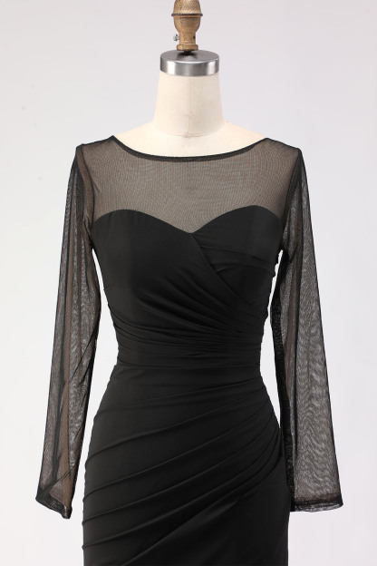 Black Maxi Mermaid Illusion Neck Ruched Formal Dress with Silt
