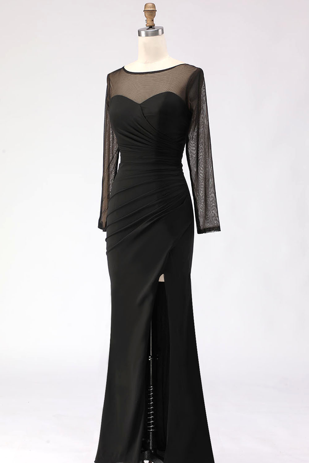 Black Maxi Mermaid Illusion Neck Ruched Formal Dress with Silt