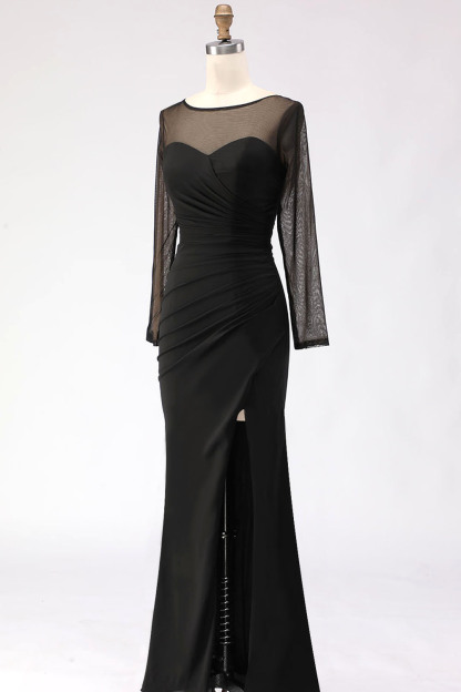 Black Maxi Mermaid Illusion Neck Ruched Formal Dress with Silt