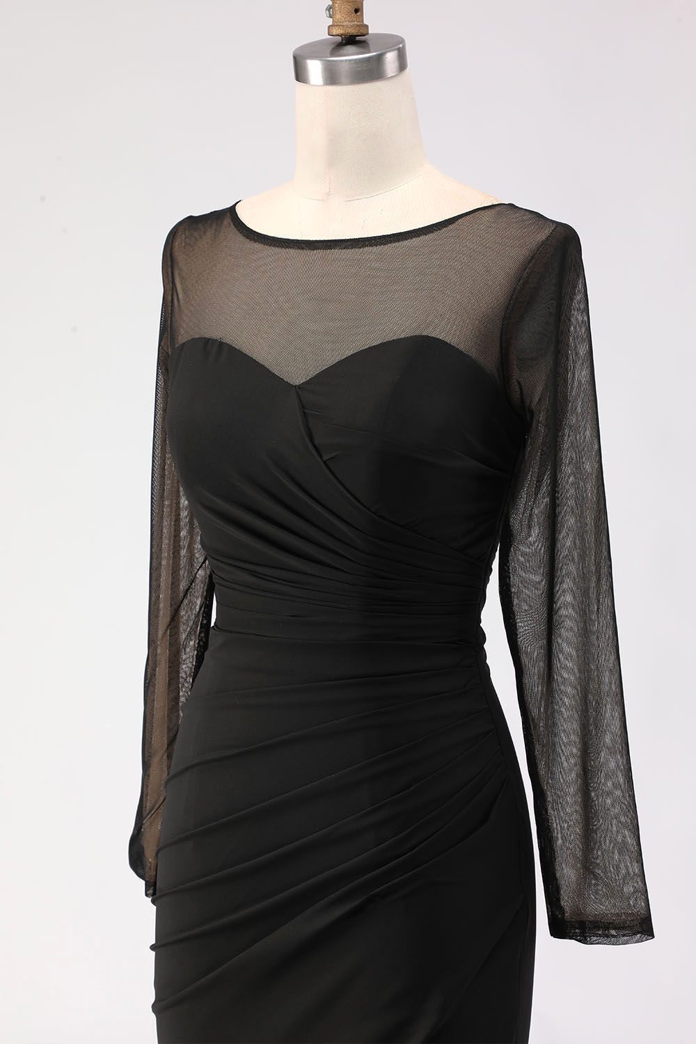 Black Maxi Mermaid Illusion Neck Ruched Formal Dress with Silt