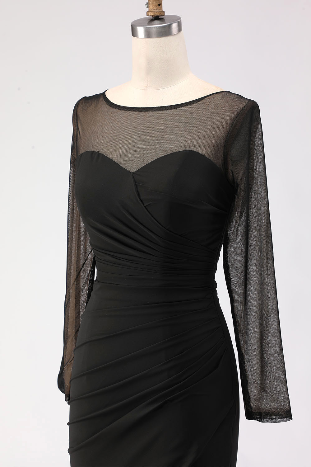 Black Maxi Mermaid Illusion Neck Ruched Formal Dress with Silt