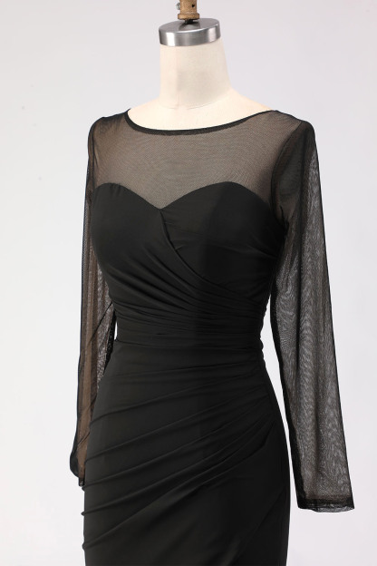 Black Maxi Mermaid Illusion Neck Ruched Formal Dress with Silt