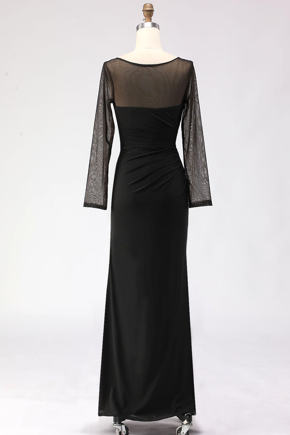 Black Maxi Mermaid Illusion Neck Ruched Formal Dress with Silt