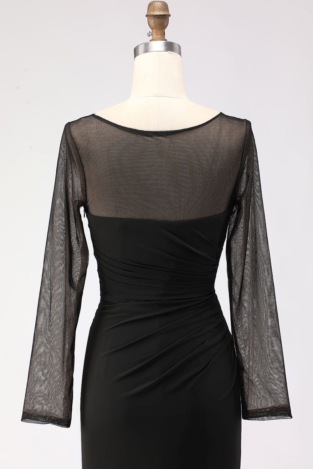 Black Maxi Mermaid Illusion Neck Ruched Formal Dress with Silt