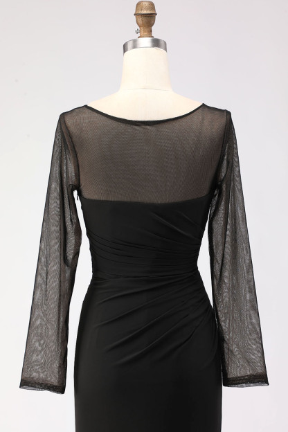 Black Maxi Mermaid Illusion Neck Ruched Formal Dress with Silt